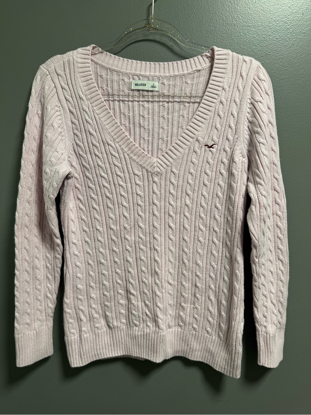 Hollister baby doll Pale Pink Cable Knit V-Neck Sweater Y2K Large